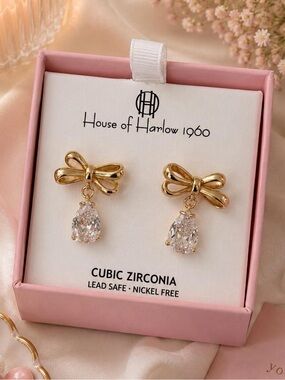 NWT House of Harlow 1960 Gold Bow Drop Earrings Cubic Zirconia